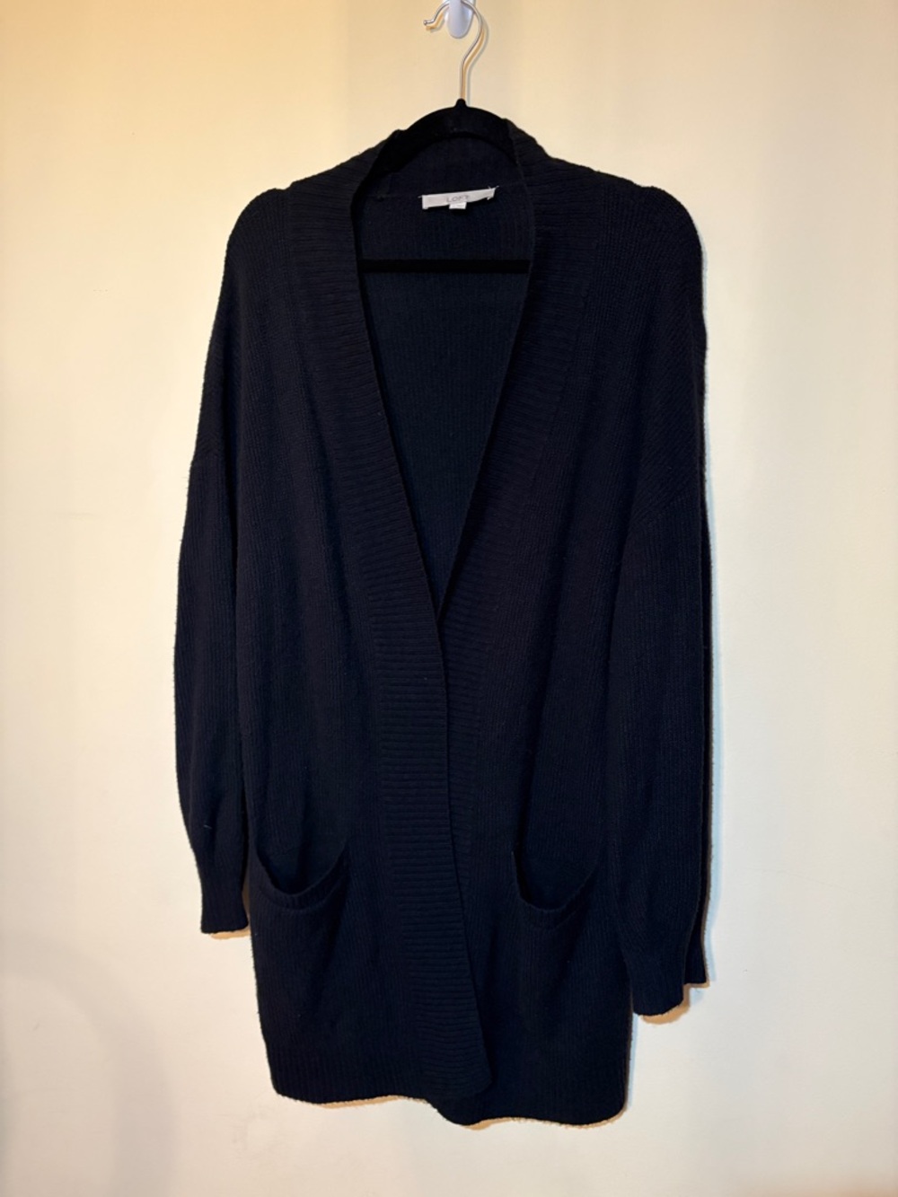 LOFT Black Open-Front Long Cardigan with Pockets
